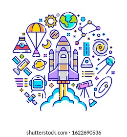 Vector background concept related to outer space exploration. Iconic line art elements such as spaceship, satellite, planets and constellation are included in this graphic template.