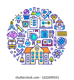 Vector background concept related to school and education. Iconic line art elements such as school building, equipment, subjects and activity are included in this graphic template.