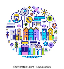 Vector background concept related to smart city. Iconic line art elements such as city integrated with information & communication technology are included in this graphic template.