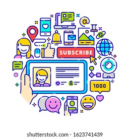 Vector background concept related to social media. Iconic line art elements such as sharing ideas and expression in virtual communities and networks are included in this template.