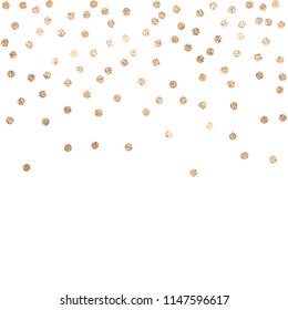 Vector background with confetti circles, small pieses of gold foil isolated on white. Modern element for wedding, celebration, party, anniversary, birthday, Valentine's Day designs.