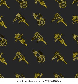 Vector background for construction tools. Seamless vector pattern with yellow contour electric construction tools on black background.