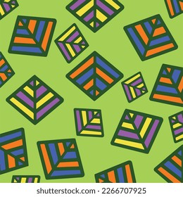 Vector background with contrast complementary colors including green, blue, orange, purple, and yellow. Geometric simple flat bold art style pyramid decorative pattern isolated on square template.