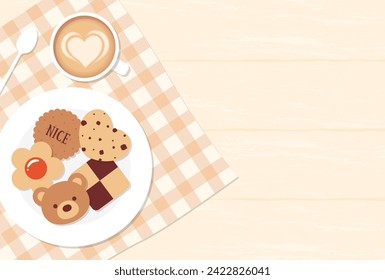 vector background with cookies and coffee on a table for banners, cards, flyers, social media wallpapers, etc.