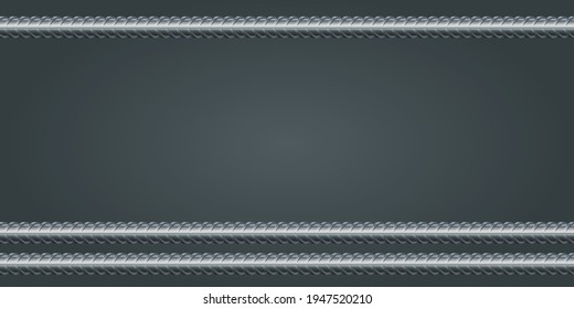 Vector background with copper rebars and copy space. Induastrial banner template on dark gray background. Vector illustration realistic metal rods and bars for building and construction.