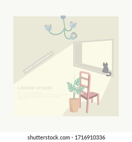 Fondo vectorial con fotocopiadora con concepto de comodidad. En el interior hay una silla, una planta, una lámpara, un gato sentado en un ventanal, la luz de la ventana. Diseño en un estilo plano, en tonos pastel