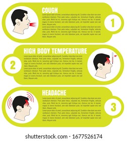 Vector background with coronavirus and covid-19 symptoms pictograms and places for texts
