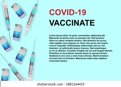 Vector background of coronavirus vaccine on blue background.Vector illustration. Vaccination with vaccine vial and syringe injection tool for covid19 immunization treatment.
