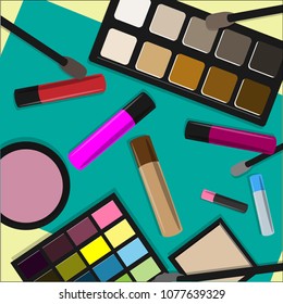 Vector background with cosmetic products collection. Bright eyeshadows, lipsticks, brushes and blushes.