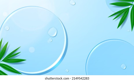 Vector Background For Cosmetic Products Presentation. Vector Illustration With Water Drops, Leaves And Glass Circles. Suitable For Presentation Summer Cosmetic Or Moisturizer. Flatlay Background.