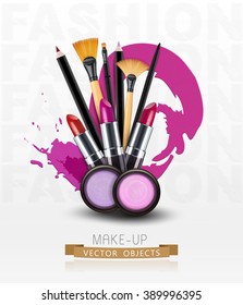 vector background with cosmetics and make-up objects. (Flyer template)