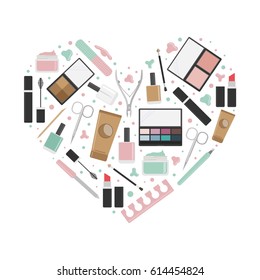 Vector background of cosmetics and tools for manicure. Heart of cosmetics isolated on a white background.