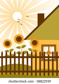 vector background with cottage and sunflowers behind fence