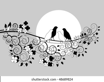 vector background with couple of birds on flowering branch
