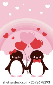 vector background with a couple of penguins with heart balloons in the sky for Valentine's Day, wedding, etc.
