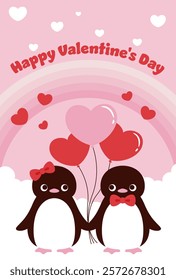 vector background with a couple of penguins with heart balloons in the sky for Valentine's Day, wedding, etc.