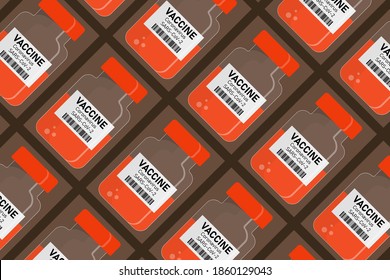 Vektorhintergrund mit COVID-19 SARS-Impfstoffflaschen Muster, Vorlage in flachem Stil für Textilien, medizinische Verpackung.
