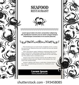 Vector background of crab silhouettes. Seafood black and white menu template. There is place on white vertical paper for your text.