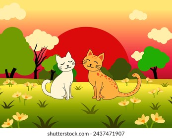 Vector background created by many objects set up to the garden and two cats in flat style