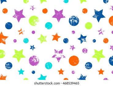 Vector background. Creative geometric colorful pattern with stars and circles. Grunge texture with attrition, cracks. Graphic vector illustration. Series of vector grunge artistic backgrounds