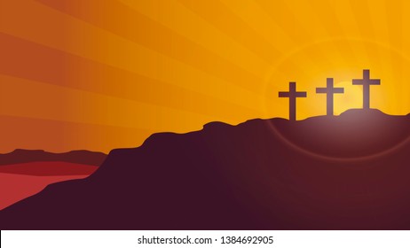 Vector background Cross of silhouette on the background of the sunset of the mountain of Calvary. Concept of Easter