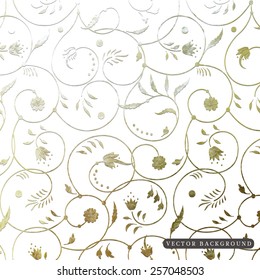 Vector background with crumpled foil golden floral pattern and curls.