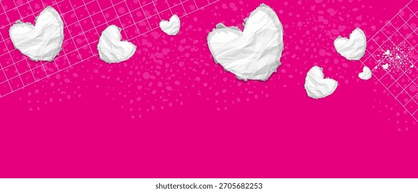 Fondo de Vector: corazones de papel arrugados sobre un fondo carmesí brillante con una cuadrícula y salpicaduras. Perfecto para tarjetas de San Valentín, Anuncios románticos, Plantillas en redes sociales, despedidas de soltera.