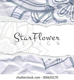 Vector background of crumpled torn paper with floral circular pattern. Mandala. Ragged edges.