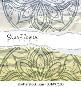 Vector background of crumpled torn paper with floral circular pattern. Mandala. Ragged edges.