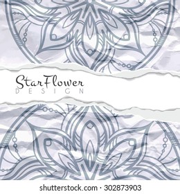 Vector background of crumpled torn paper with floral circular pattern. Mandala. Ragged edges.