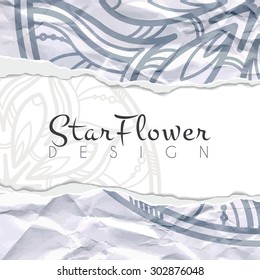 Vector background of crumpled torn paper with floral circular pattern. Mandala. Ragged edges.