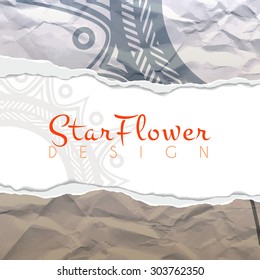 Vector background of crumpled torn paper with floral circular pattern. Mandala. Ragged edges.