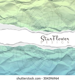 Vector background of crumpled torn paper with floral circular pattern. Mandala. Ragged edges.