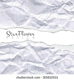 Vector background of crumpled torn paper with floral circular pattern. Mandala. Ragged edges.