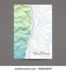 Vector background of crumpled torn paper with floral circular pattern. Mandala. Ragged edges.