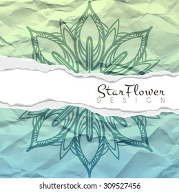 Vector background of crumpled torn paper with floral circular pattern. Mandala. Ragged edges.