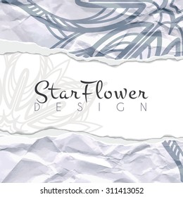 Vector background of crumpled torn paper with floral circular pattern. Mandala. Ragged edges.