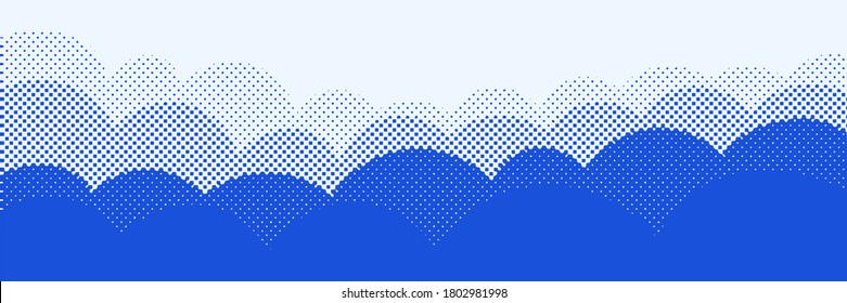 Vector background, cumulus clouds, banner. Halftone dots, fading dot effect. 