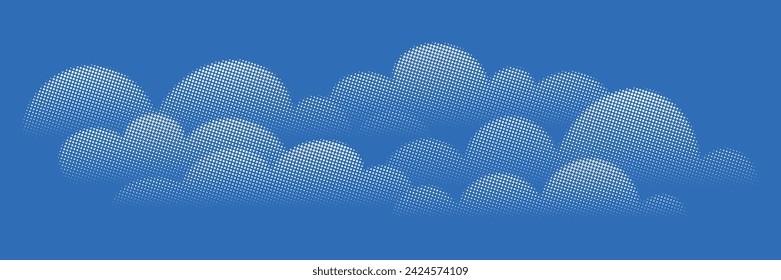 Vector background, cumulus clouds, banner. Halftone dots, fading dot effect. 