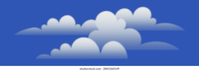 Vector background, cumulus clouds, banner, halftone dots, fading dot effect