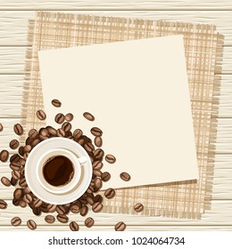 Vector background with cup of coffee and coffee beans on a wooden background.