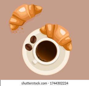 vector background with a cup of coffee and croissants