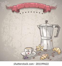 Vector background with a cup of coffee, coffee and croissants.