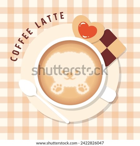 vector background with a cup of coffee with puppy latte art and cookies on a table for banners, cards, flyers, social media wallpapers, etc.