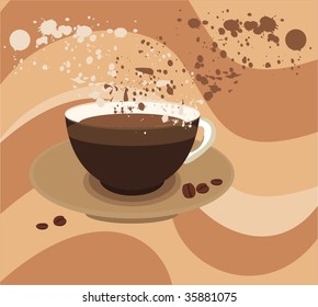 Vector background with cup of creamy chocolate and coffe beans