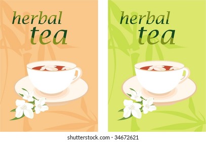 Vector background with cup of herbal tea and jasmin flower