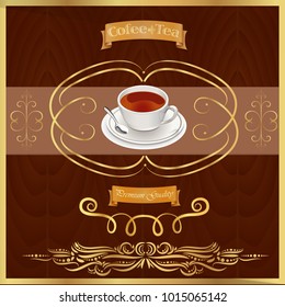 Vector background with a cup of tea with golden decorative elements 