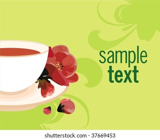 Vector background with cup of tea and plum blossom