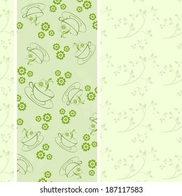 Vector background with cups and flowers in green