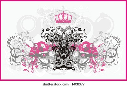 vector background with curls, flowers, crown and elements for design